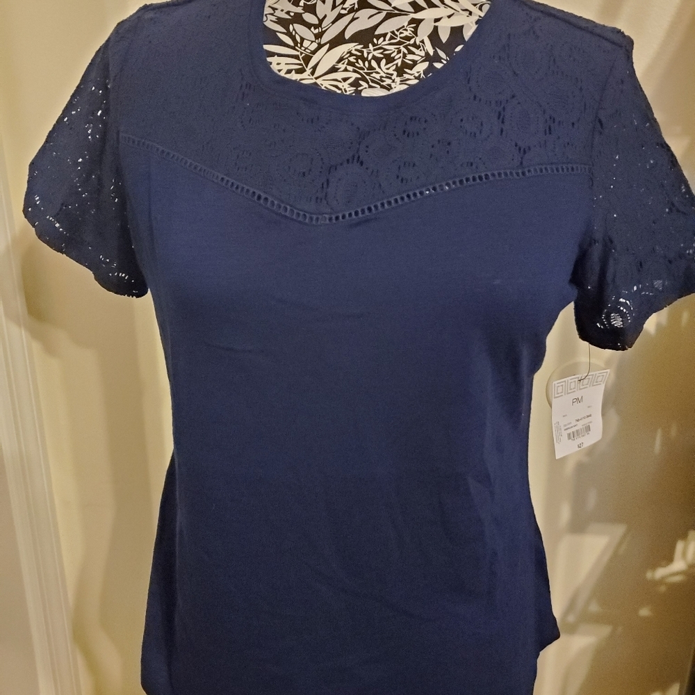 Navy tee , mesh/lace accent to neckline/sleeves
